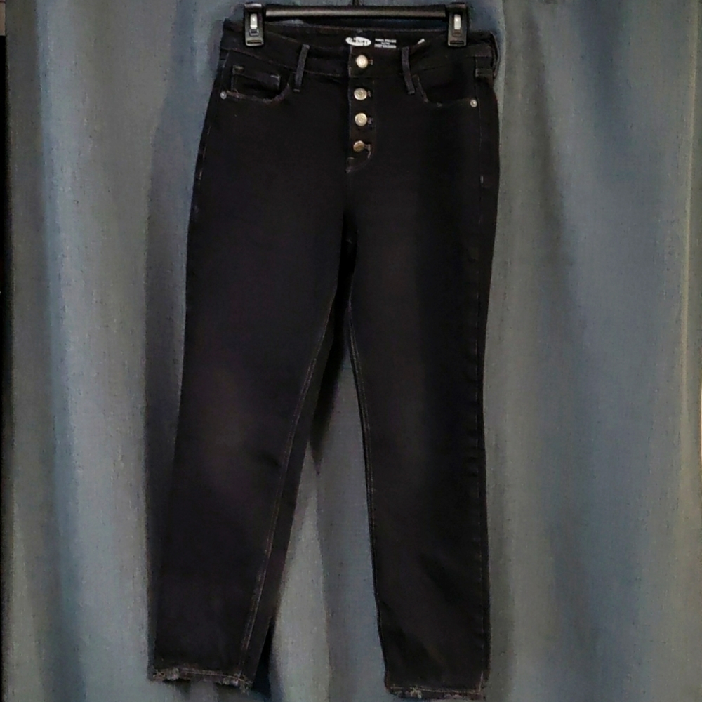 Distressed HR black straight leg denim!!
